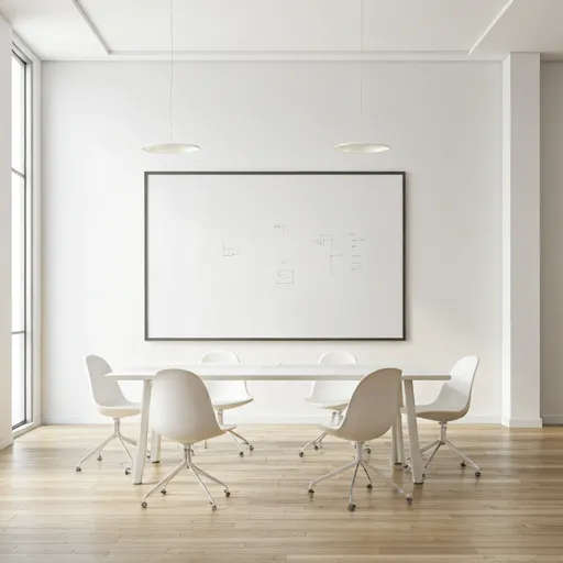 Modern bright corporate meeting room featuring a large sleek glass whiteboard